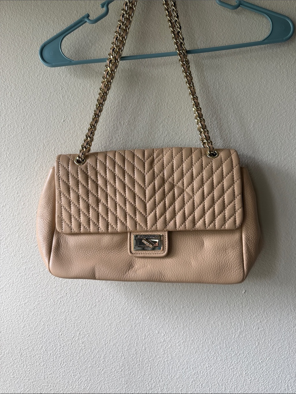 Karl Lagerfeld Beige Quilted Leather Chain Shoulder Bag